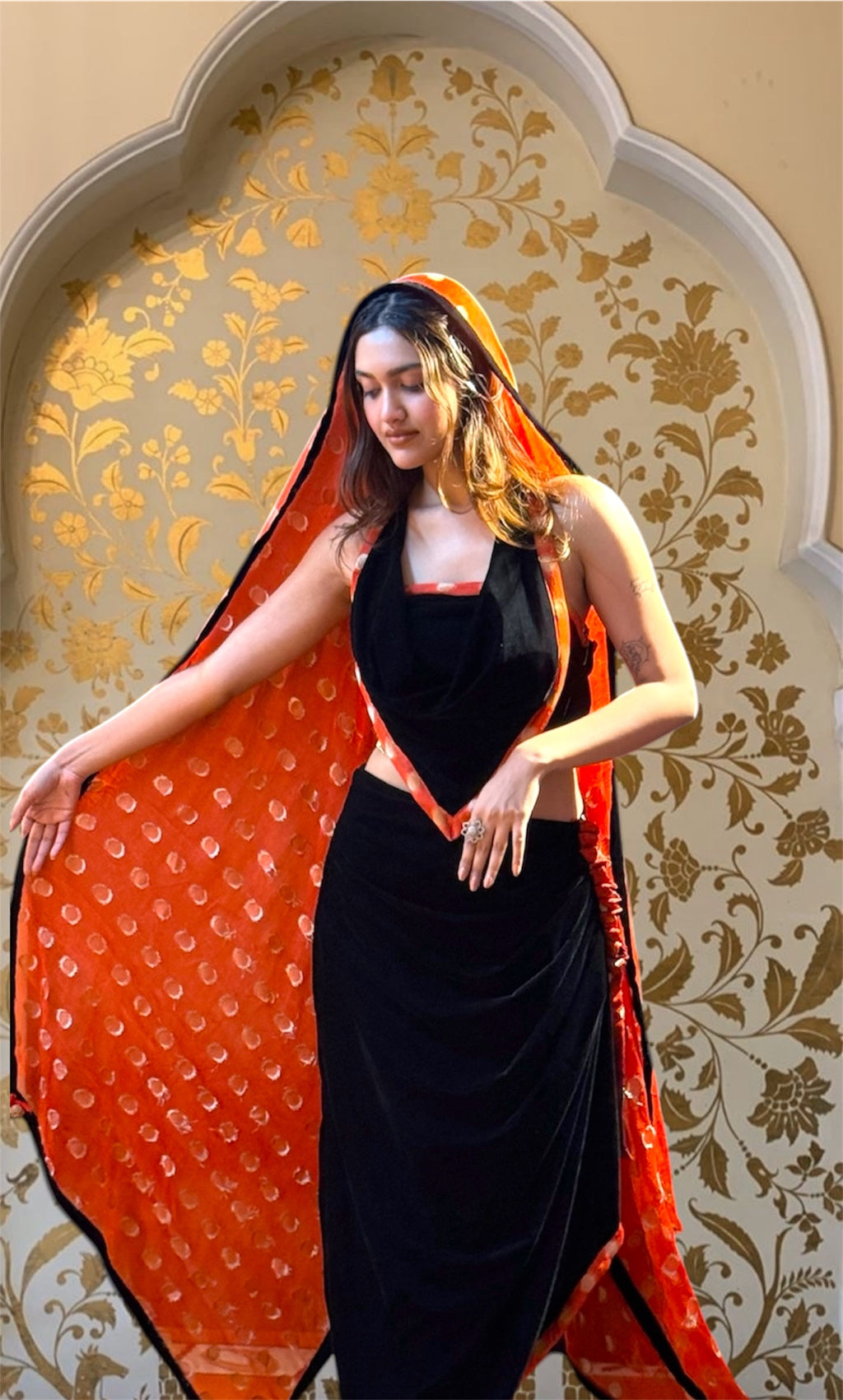 Draped skirt with cowl neck top